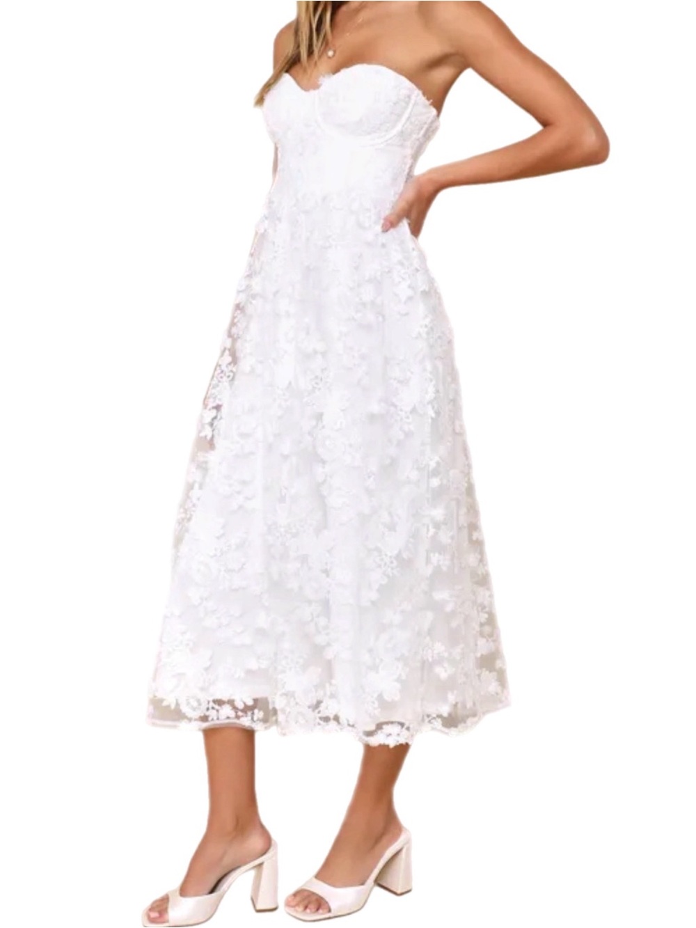 NWT Lulus $88 MSRP Quite Perfect White Floral Embroidered Strapless Midi Dress S